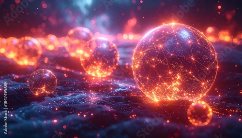 Futuristic digital landscape with glowing spheres connected by lines floating above a rippling, cosmic environment. The color palette is primarily orange and blue