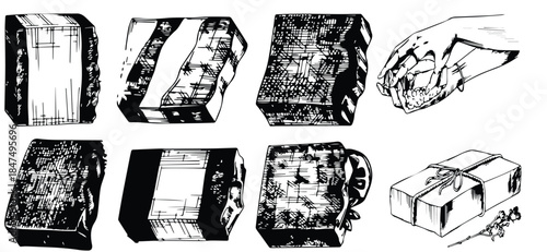 Vintage-style illustration of a handmade soap and hand washing scene in monochrome engraved sketch style. Organic cosmetic concept with natural lather and bubbles, ideal for spa labels, banners,