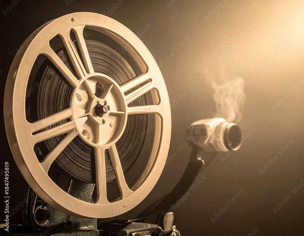 Obraz premium Old-fashioned film reel projector releasing steam and light