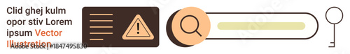 Data protection, online access, cybersecurity, information verification, warning systems, identity authentication. Search bar, warning icon and key symbol. Data protection and online access concept