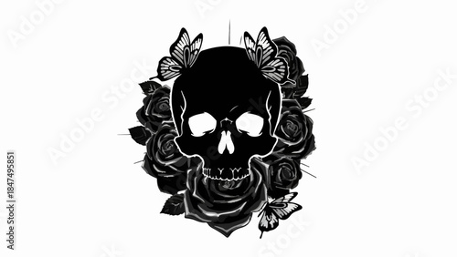 Mysterious black skull surrounded by dark roses and delicate butterflies