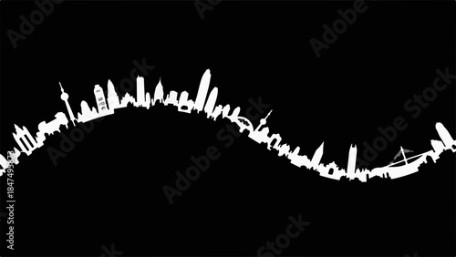 Sleek white cityscape silhouette curves across a dark background with a ship on the right.