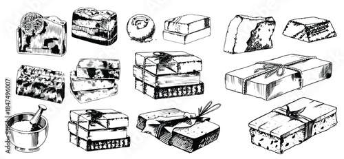 Vintage-style illustration of a handmade soap and hand washing scene in monochrome engraved sketch style. Organic cosmetic concept with natural lather and bubbles, ideal for spa labels, banners,