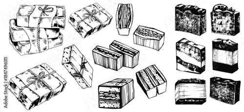 Vintage-style illustration of a handmade soap and hand washing scene in monochrome engraved sketch style. Organic cosmetic concept with natural lather and bubbles, ideal for spa labels, banners,