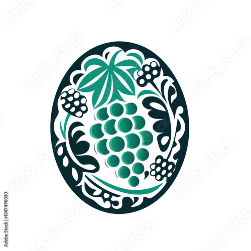 Decorative Oval Grape and Leaf Emblem Vector