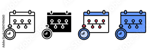 Planning Schedule Icon Set Multiple Style Collection. Calendar, Clock, Notebook, Checklist, Meeting, Reminder, Task List, Planner, Deadline, Appointment, Goal, Event, Priority, Progress, Strategy, Age