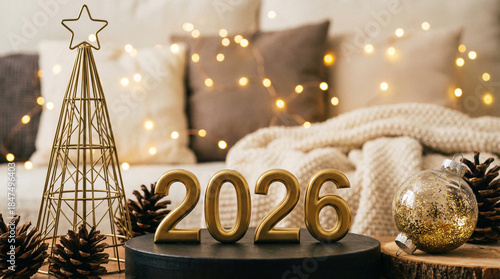 Cozy Home Christmas Celebration 2026. Golden Numbers, Wire Tree Decoration, Glitter Ornament, and Pine Cones on Wooden Block in Living Room