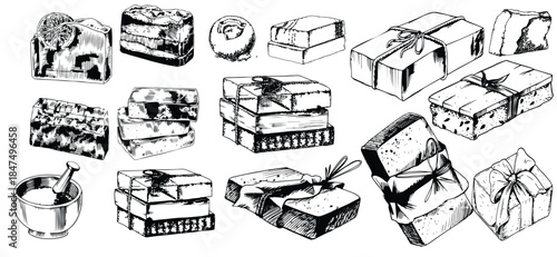 Vintage-style illustration of a handmade soap and hand washing scene in monochrome engraved sketch style. Organic cosmetic concept with natural lather and bubbles, ideal for spa labels, banners,