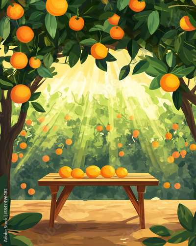 Vibrant orange grove with sunlit trees showcasing abundant ripe oranges and lush greenery for a
