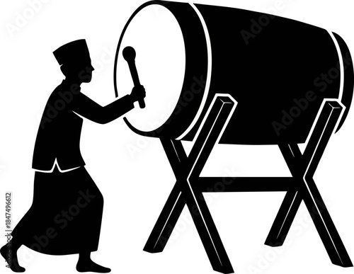 Bedug Drum Silhouette Vector. Muslim Man Hitting Traditional Islamic Drum for Ramadan or Eid Takbir