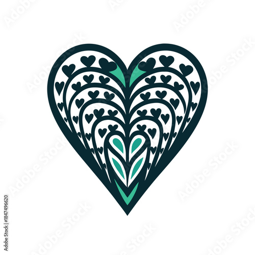 Decorative Teal Heart Vector with Intricate Floral and Heart Pattern