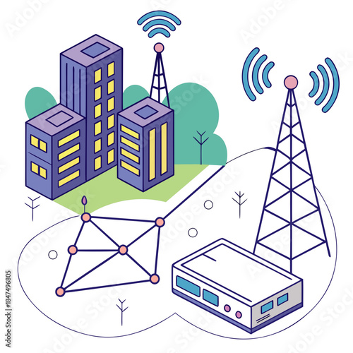 City buildings with cell towers and network connection