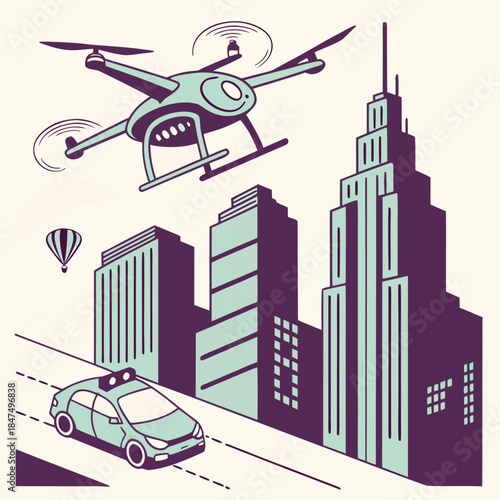 Drone flying over city with skyscrapers and car helicopter