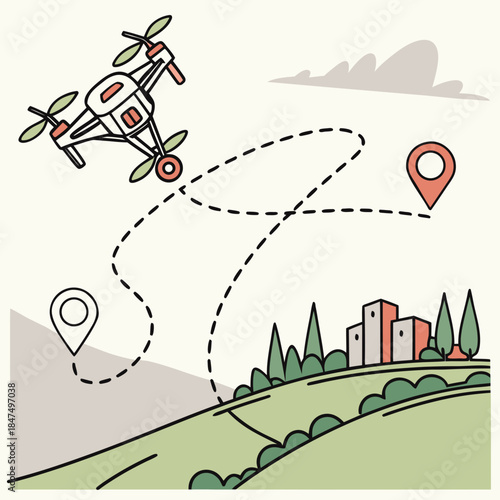 Drone flying over landscape with buildings and trees