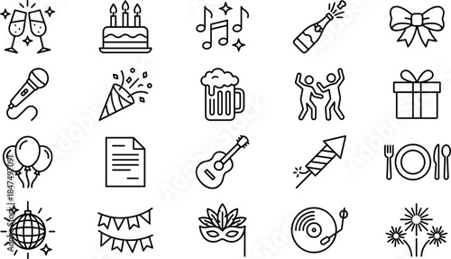 party, celebration, birthday, festival, event, icons, vector, outline, lineart, music, drinks, fireworks, gifts, balloons, decoration