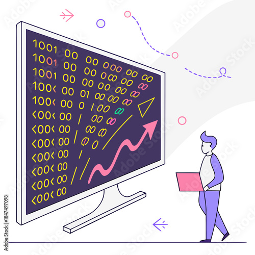 Man walking with laptop beside large computer monitor displaying colorful coding symbols and