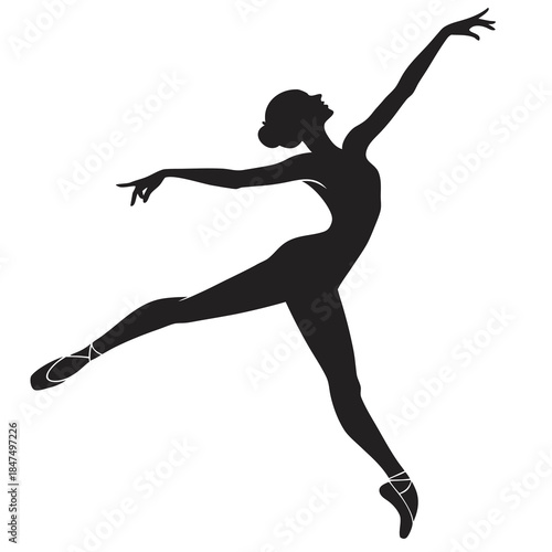 Black silhouette female ballet dancer in mid leap white background
