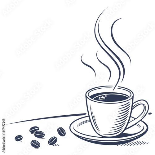 Coffee mug silhouette with steam and coffee beans black and white