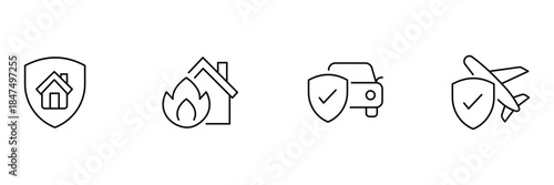 Insurance types icon set, home property shield, house fire risk, car coverage protection, travel airplane safety guarantee outline vector illustration.