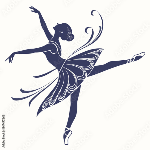 Navy blue silhouette ballet dancer in mid pose with floral hairpiece
