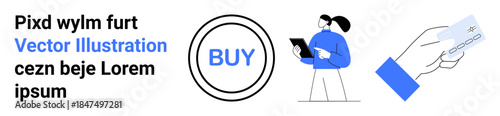 Online shopping, digital transactions, e-commerce, cashless payments, technology, retail. A person with a device and a hand holding a card signify digital payment. Online shopping and digital