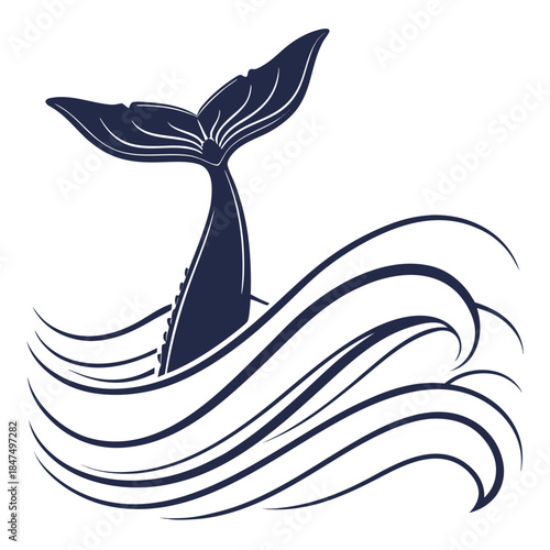 Navy whale tail silhouette above wavy lines navy blue