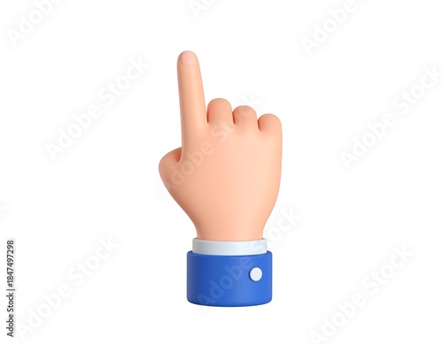 A 3D rendered hand with an extended index finger, pointing up