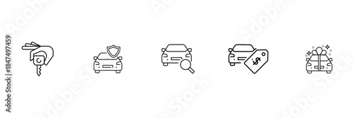 Car industry icon set, hand holding key, vehicle insurance shield, auto inspection search, price tag offer, gift car celebration illustration.
