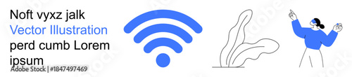 Connectivity, communication, technology, minimalism, modern design, visual concepts. A blue wireless symbol next to an abstract plant and a person gesturing upward. Connectivity and communication