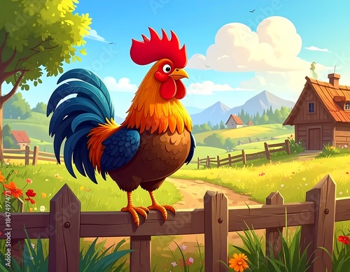 Colorful rooster perched on a fence, idyllic farm landscape