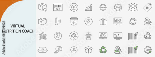 Virtual nutrition coach and eco food icons set, thin line online diet planning and artificial intelligence healthy eating vector illustration