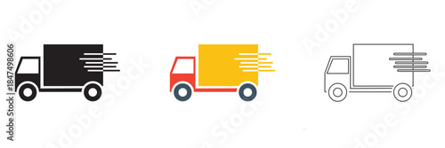 Delivery Truck Icons Set Flat Design. Set of three delivery truck icons in different styles and colors, representing shipping, logistics, courier service, and transportation concepts.

