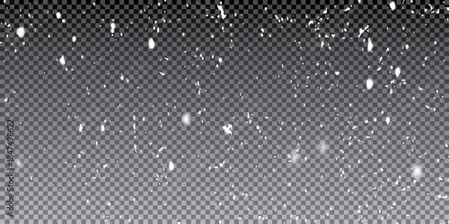 Vector snow falling from above. Snowfall on isolated transparent background. Christmas or winter background. Snow or snowflakes