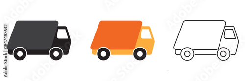 Delivery Truck Icons Set Flat Design. Set of three delivery truck icons in different styles and colors, representing shipping, logistics, courier service, and transportation concepts.

