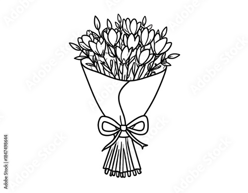 A black and white line drawing of a floral bouquet tied with a bow