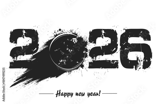 Numbers 2026 and flying abstract hockey puck made from blots with by milky way in grunge style. Happy New Year 2026. Design template for greeting card. Vector illustration on isolated background