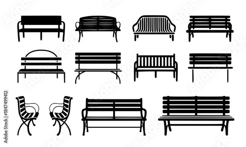 Set of park bench silhouettes, various outdoor garden furniture icons, street furniture elements for landscape design, urban public seating vector illustrations isolated on white background