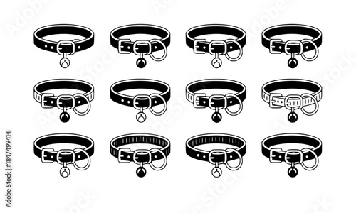 Set of pet collar icons with bells and tags, leather dog and cat collars with buckles, pet accessory silhouettes for veterinary clinics and grooming shops, vector illustration isolated