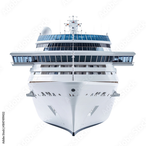 A front view of a modern cruise ship, a large passenger vessel designed for leisure voyages, presented as a transparent png