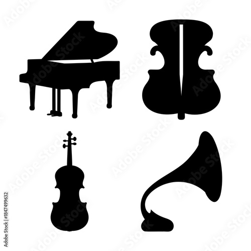 Orchestral instruments and vintage phonograph horn icons set