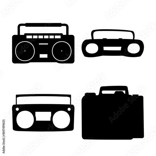 Retro boombox and portable radio silhouettes vector icons
