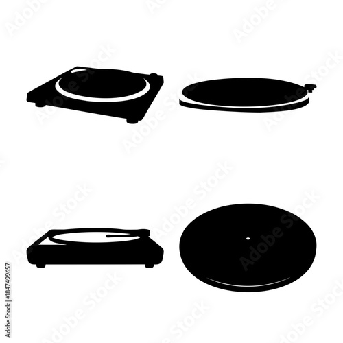 Classic turntable and vinyl record set black silhouettes.