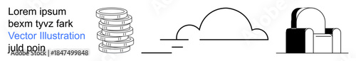 Digital technology, cloud computing, urban development, modern architecture, data storage, innovation. A stack of coins, a cloud element and an abstract building. Technology and cloud computing