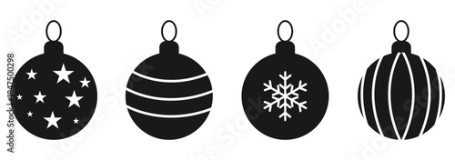 Decorative Christmas baubles set featuring festive symbols, stars, and snowflakes for winter design use