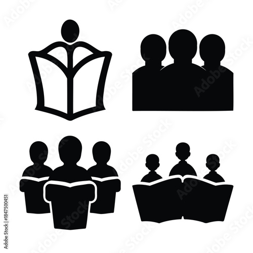 Reading, education, and group learning silhouette icons set