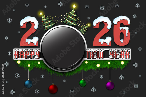 Happy New Year. 2026 with a hockey puck, Christmas trees with garlands and New Year's balls. Snowy numbers and letters. Template design for greeting card. Vector illustration on isolated background