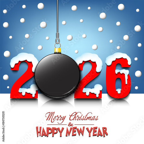 Merry Christmas and Happy New Year. Number 2026 and hockey puck as a Christmas decorations hanging on strings amid falling snow on a mirror surface. Pattern for greeting card. Vector illustration