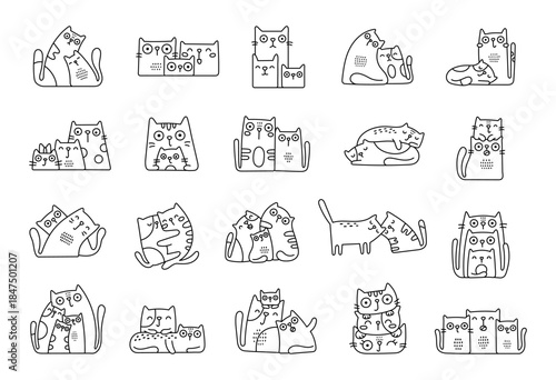Family cat character set in outline line art showing kittens with parents in different emotions and poses including cuddling, hugging, sleeping, playing, resting, love and affection