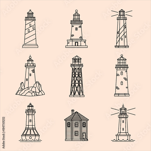 Various lighthouse designs and styles illustrated