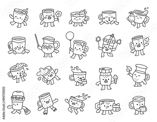 Mug coffee, jug, takeaway cup character set in outline line art with different emotions poses holding cupcake, popcorn, heart, flower, balloon, sparkler for designs projects